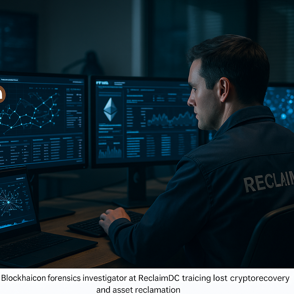 Blockchain-forensics investigator at Reclaim DC tracing lost cryptocurrency through advanced digital-ledger tools for crypto recovery and asset reclamation.