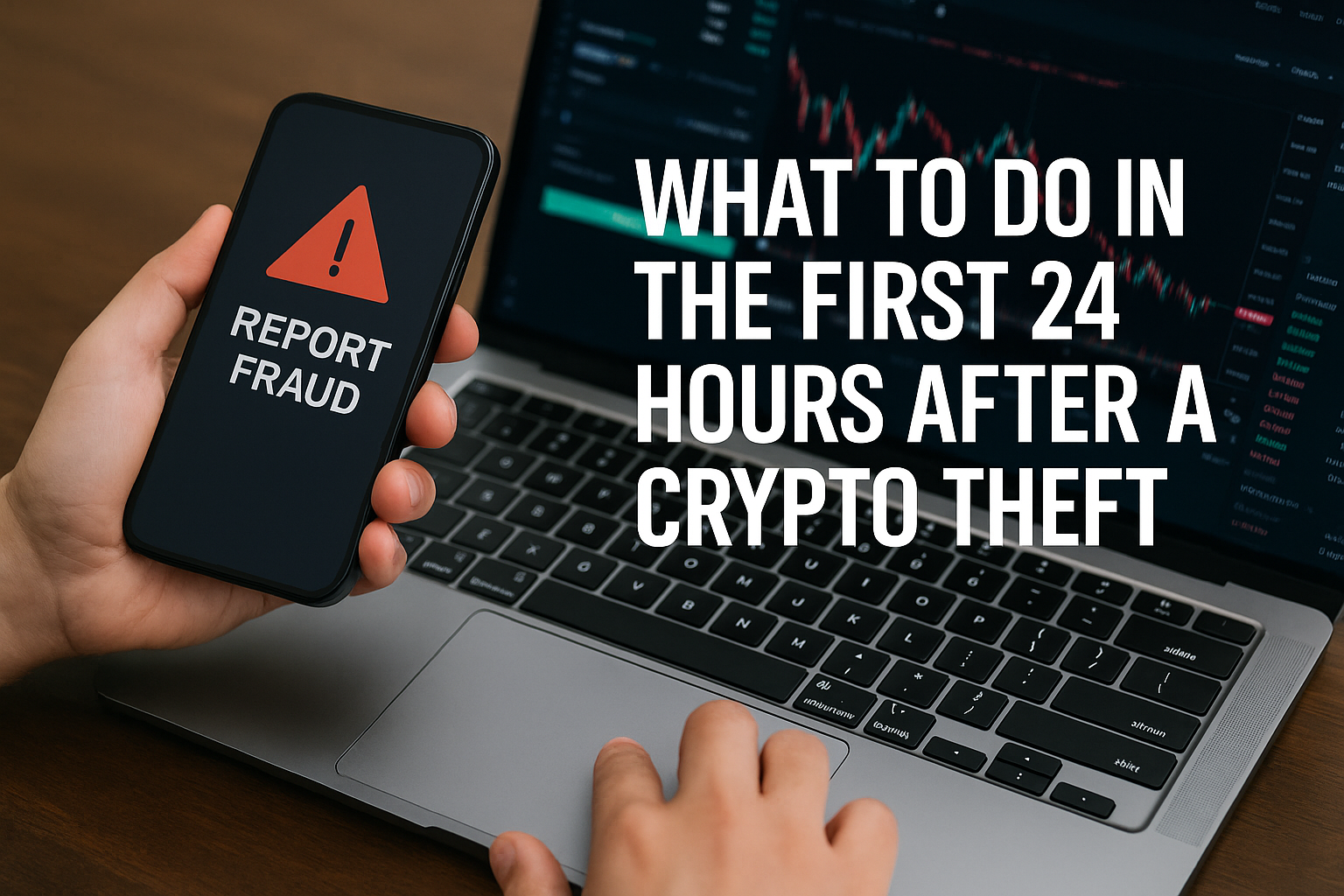 Alt Text: An investor holding a phone displaying “Report Fraud” while using a laptop to act quickly after a crypto theft, emphasizing immediate response within 24 hours.
