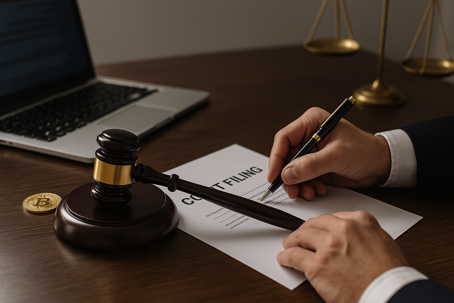 Alt Text: A legal professional reviewing court filing documents beside a gavel and a Bitcoin coin, representing the process of pursuing justice and legal recovery of stolen cryptocurrency.