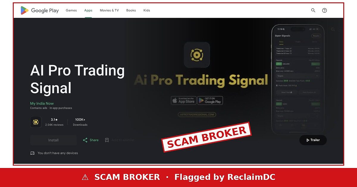 AI Pro Trading Signal Google Play listing flagged by ReclaimDC