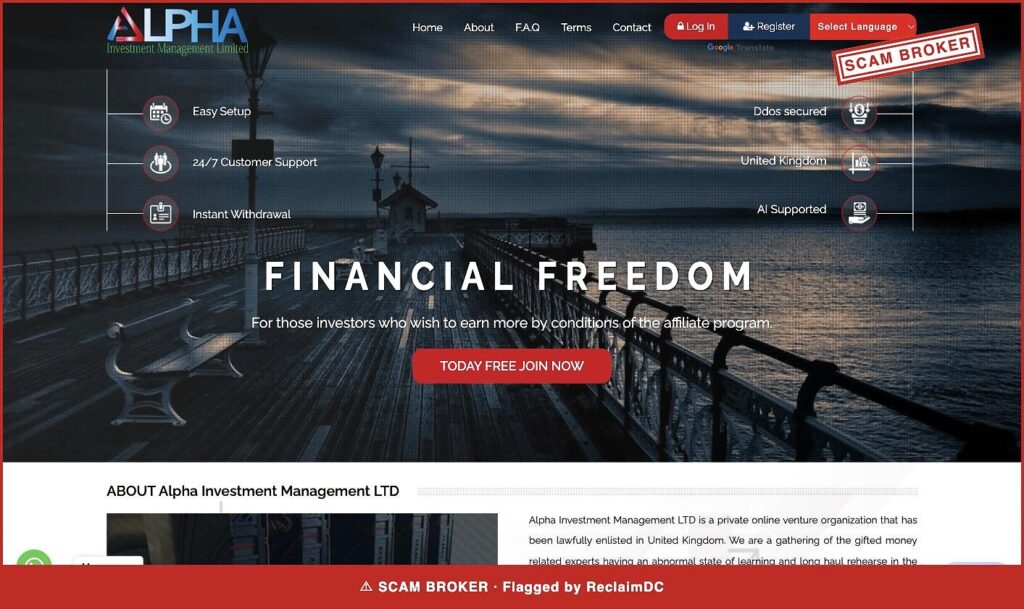 Homepage of alpha-investment.uk trading as Alpha Investment Management LTD, stamped SCAM BROKER and flagged by ReclaimDC