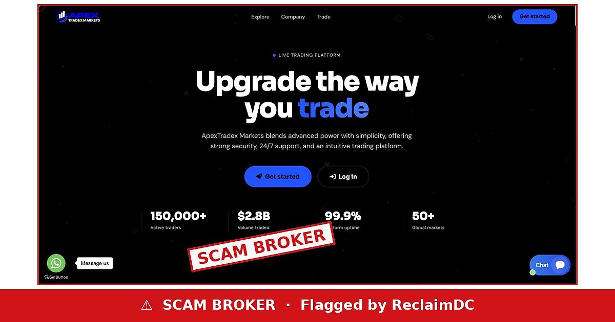 ApexTradex Markets website flagged as a scam broker by ReclaimDC