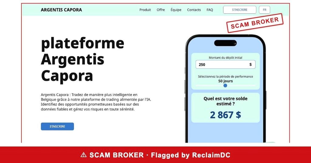 Argentis Capora homepage stamped SCAM BROKER — flagged by ReclaimDC