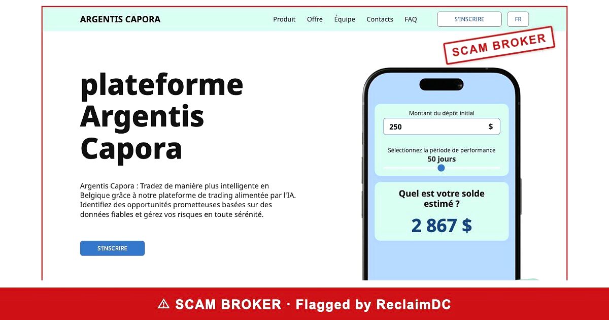 Argentis Capora homepage stamped SCAM BROKER — flagged by ReclaimDC