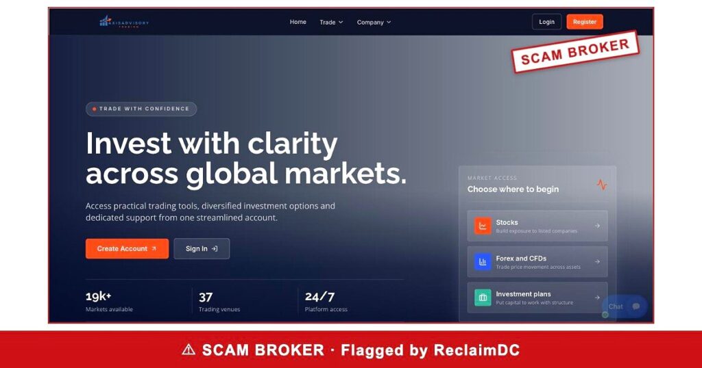 Axis Advisory Trade homepage stamped SCAM BROKER — flagged by ReclaimDC