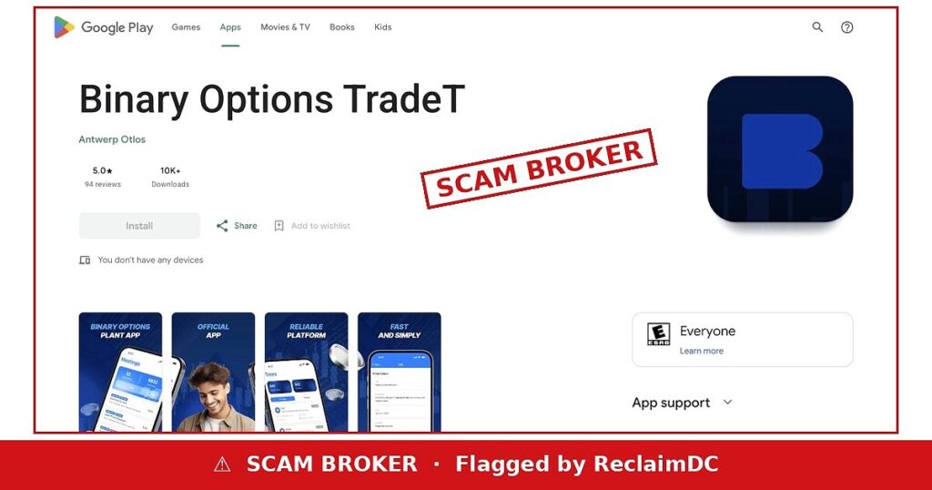 Binary Options TradeT Google Play listing flagged by ReclaimDC
