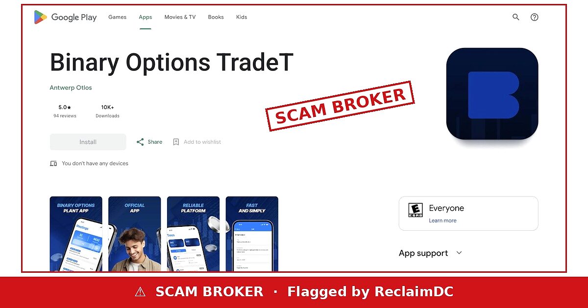 Binary Options TradeT Google Play listing flagged by ReclaimDC