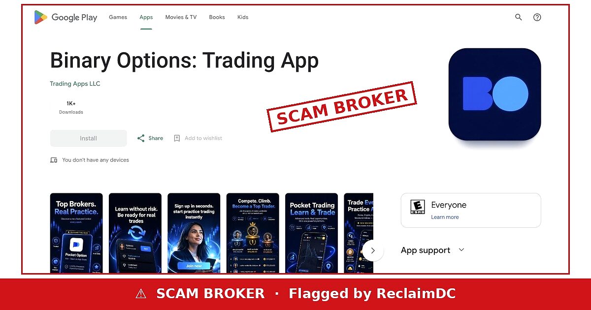 Binary Options: Trading App Google Play listing flagged by ReclaimDC