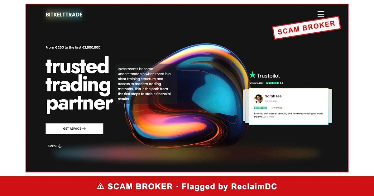 BitKeltTrade homepage stamped SCAM BROKER — flagged by ReclaimDC