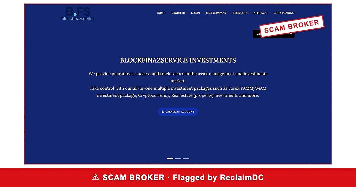 Blockfinazservice homepage stamped SCAM BROKER — flagged by ReclaimDC