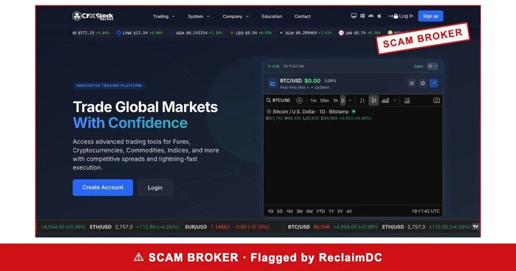CFX Stock Market homepage stamped SCAM BROKER — flagged by ReclaimDC