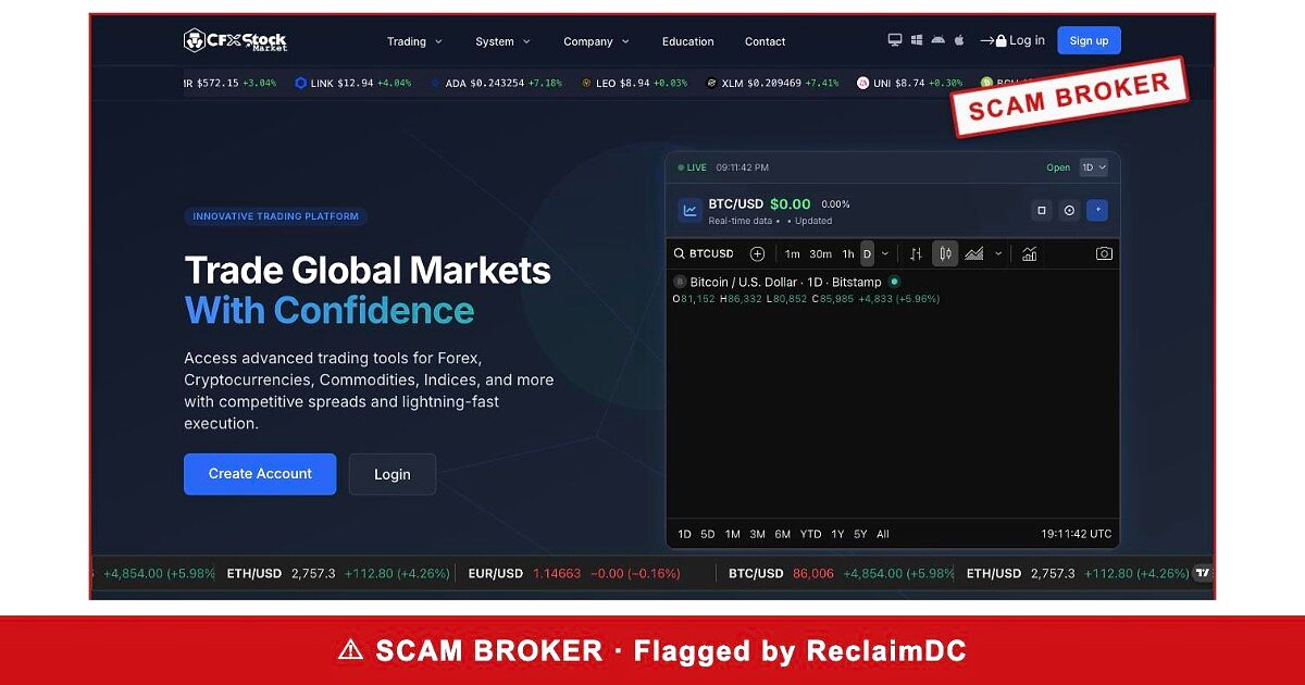 CFX Stock Market homepage stamped SCAM BROKER — flagged by ReclaimDC