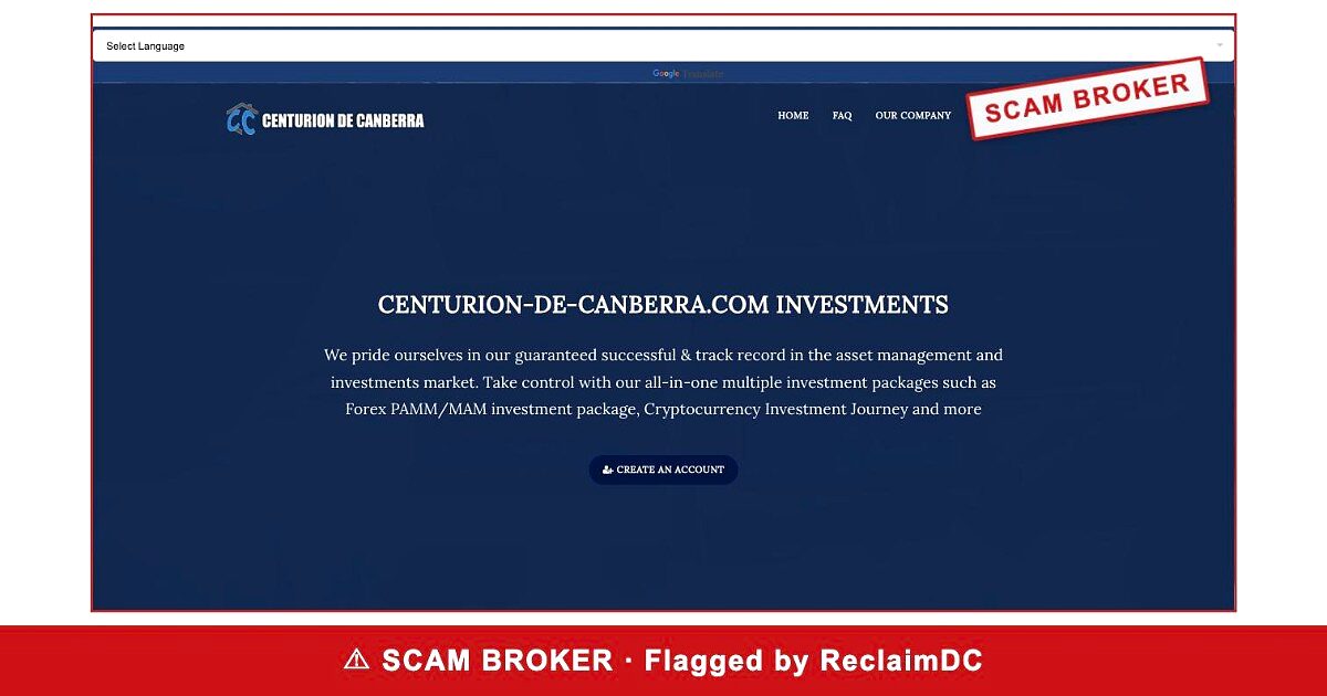 Centurion de Canberra homepage stamped SCAM BROKER — flagged by ReclaimDC