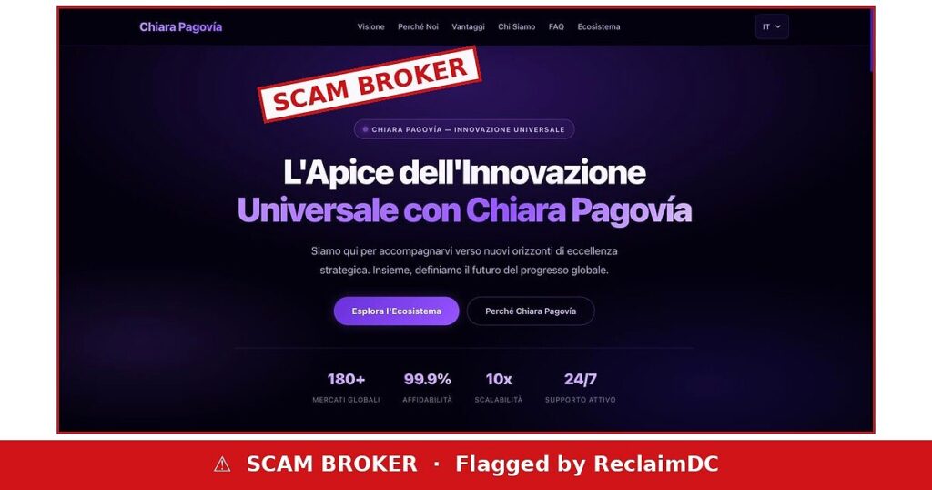 Chiara Pagovía website flagged as a scam broker by ReclaimDC