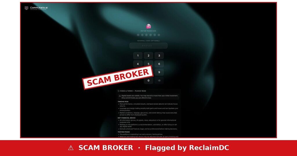 Commutatio.ai flagged as a scam broker by ReclaimDC