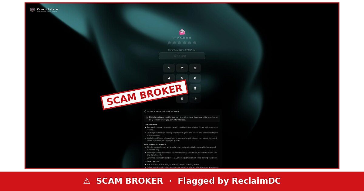 Commutatio.ai flagged as a scam broker by ReclaimDC