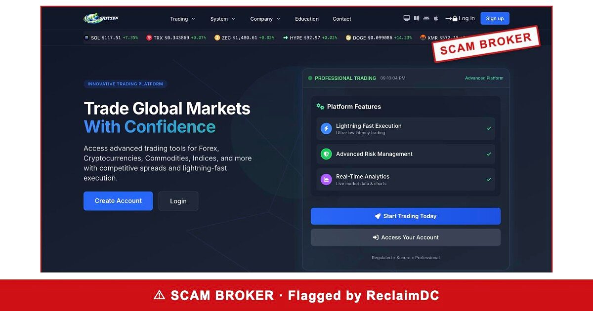 Cryptex Markets homepage stamped SCAM BROKER — flagged by ReclaimDC
