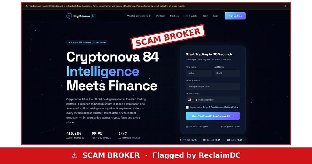 CryptoNova 84 flagged as a scam broker by ReclaimDC