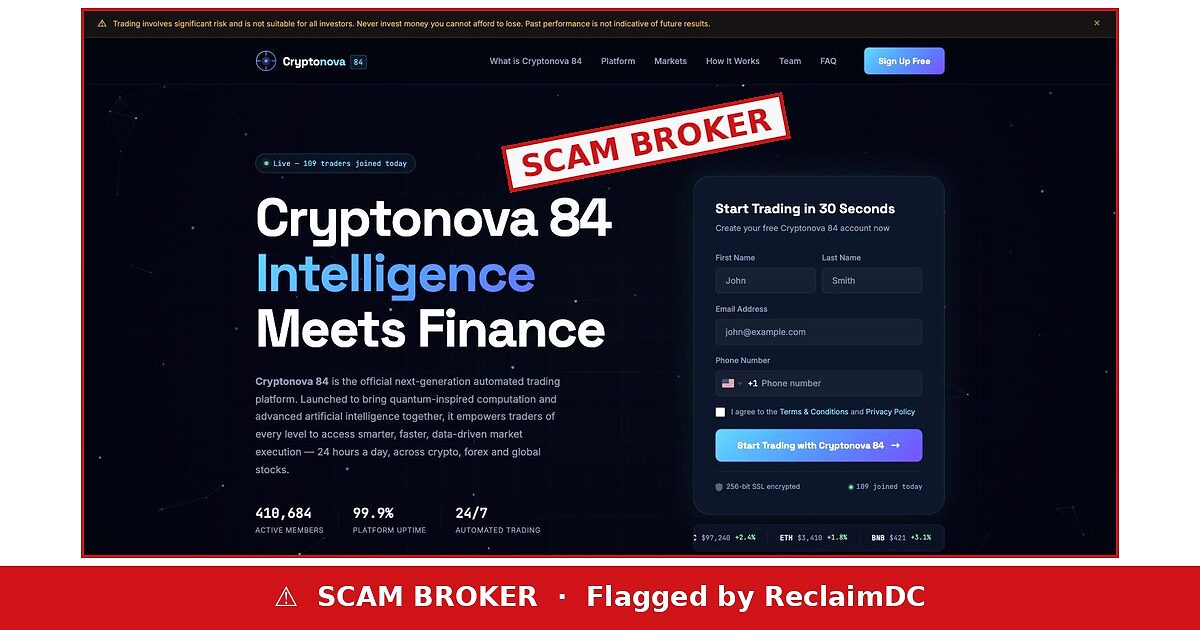 CryptoNova 84 flagged as a scam broker by ReclaimDC