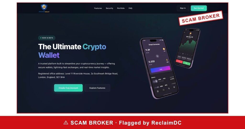CryptoVault homepage stamped SCAM BROKER — flagged by ReclaimDC
