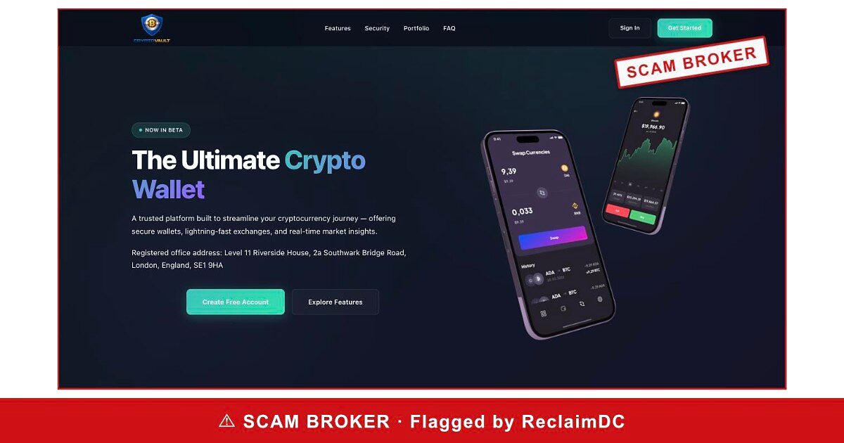 CryptoVault homepage stamped SCAM BROKER — flagged by ReclaimDC