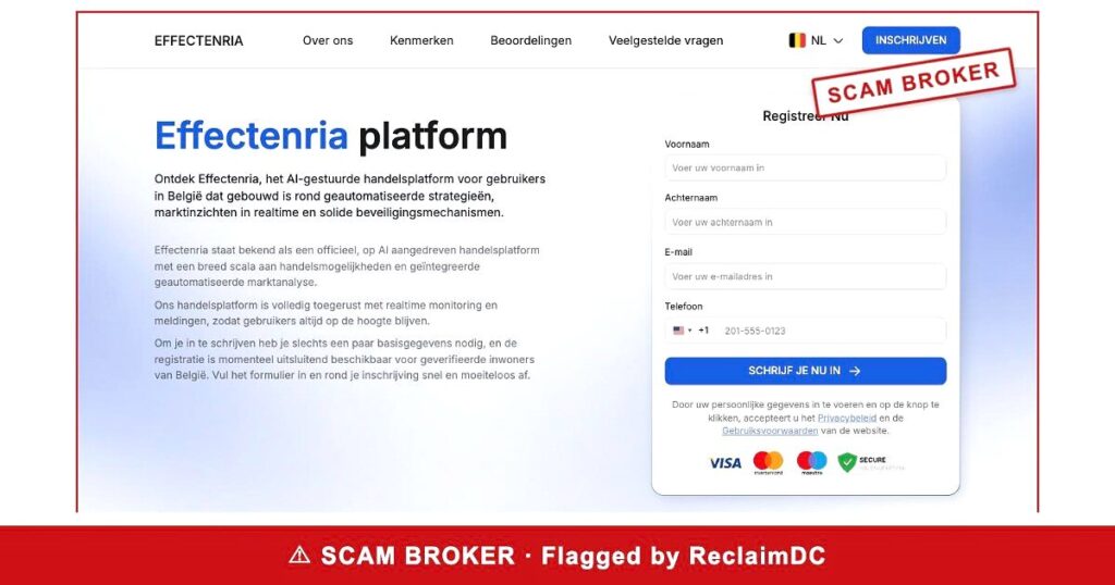 Effectenria homepage stamped SCAM BROKER — flagged by ReclaimDC