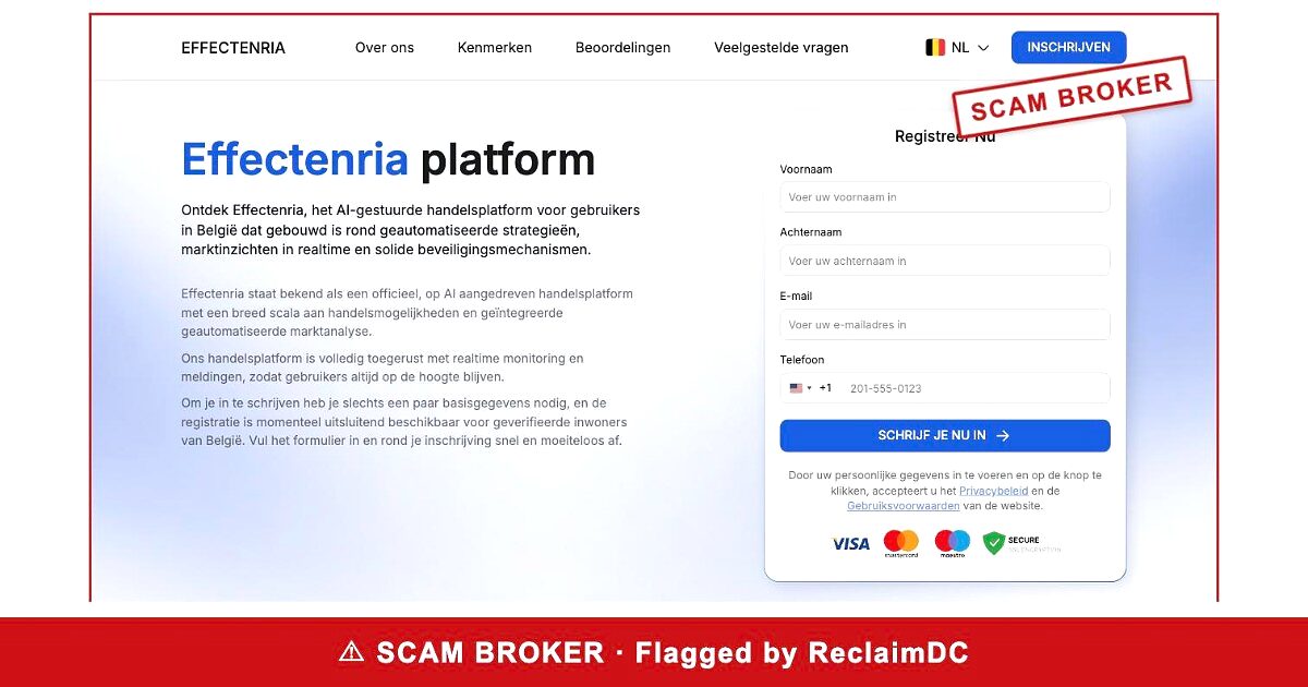 Effectenria homepage stamped SCAM BROKER — flagged by ReclaimDC