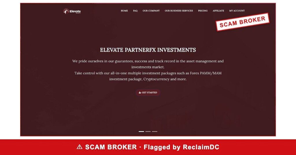 Elevate PartnerFX homepage stamped SCAM BROKER — flagged by ReclaimDC