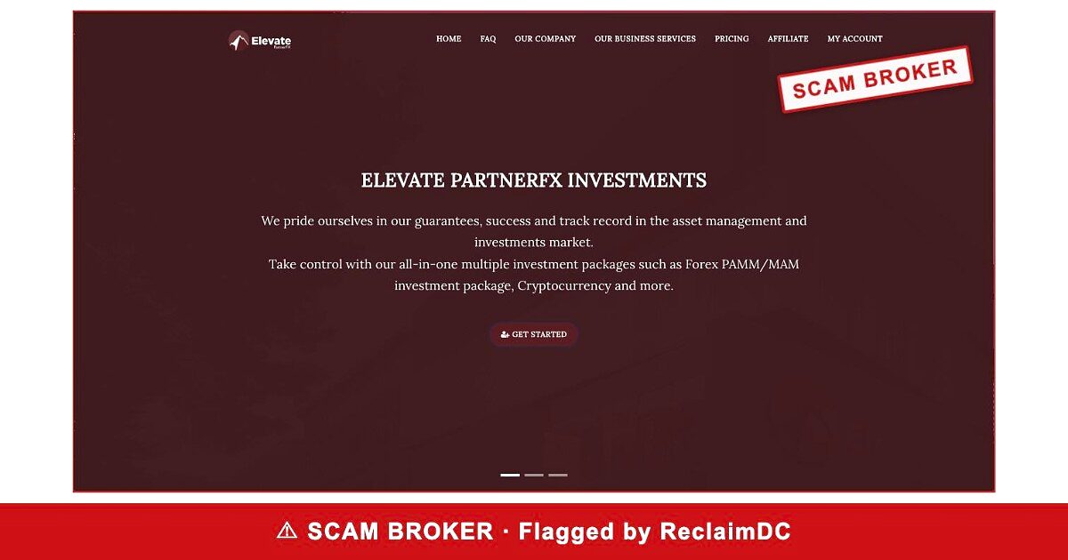 Elevate PartnerFX homepage stamped SCAM BROKER — flagged by ReclaimDC