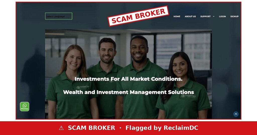 Fedgechain website flagged as a scam broker by ReclaimDC