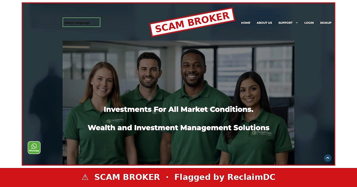Fedgechain website flagged as a scam broker by ReclaimDC