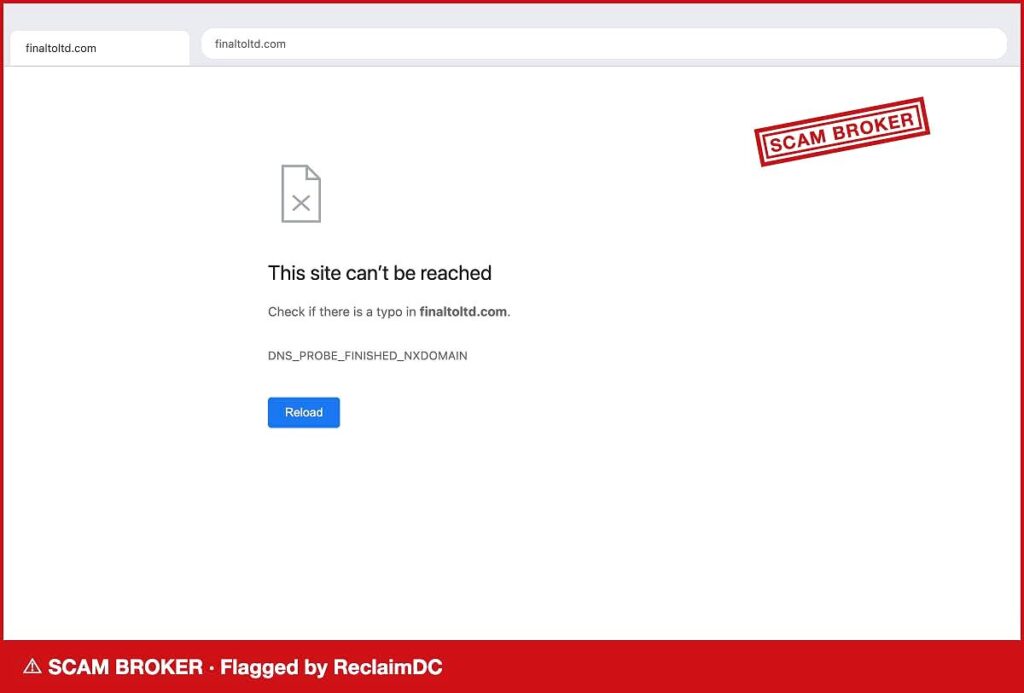 finaltoltd.com returns DNS_PROBE_FINISHED_NXDOMAIN, stamped SCAM BROKER by ReclaimDC