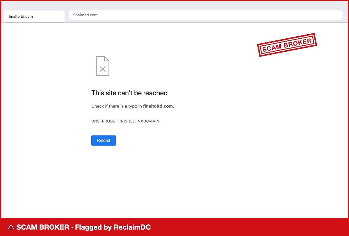 finaltoltd.com returns DNS_PROBE_FINISHED_NXDOMAIN, stamped SCAM BROKER by ReclaimDC