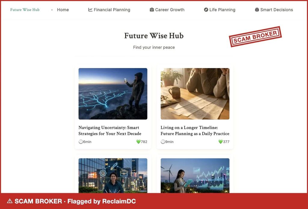 futurewisehub.com homepage stamped SCAM BROKER by ReclaimDC