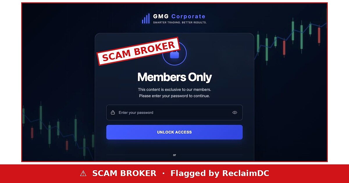 GMG Corporate landing page stamped SCAM BROKER, flagged by ReclaimDC