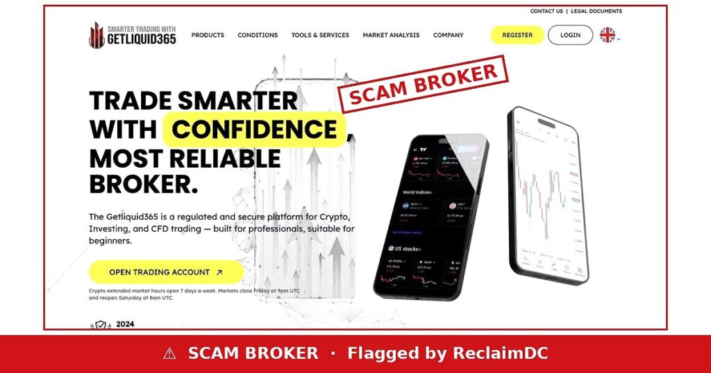 Getliquid365 website flagged as a scam broker by ReclaimDC