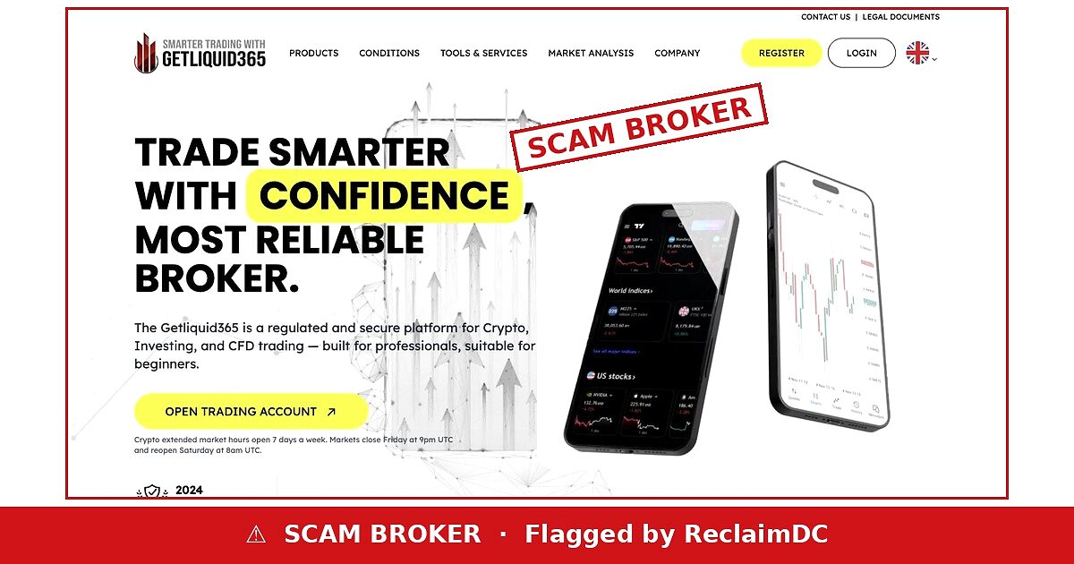 Getliquid365 website flagged as a scam broker by ReclaimDC