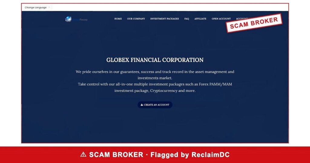 Globex Fincor homepage stamped SCAM BROKER — flagged by ReclaimDC