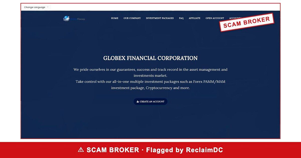 Globex Fincor homepage stamped SCAM BROKER — flagged by ReclaimDC