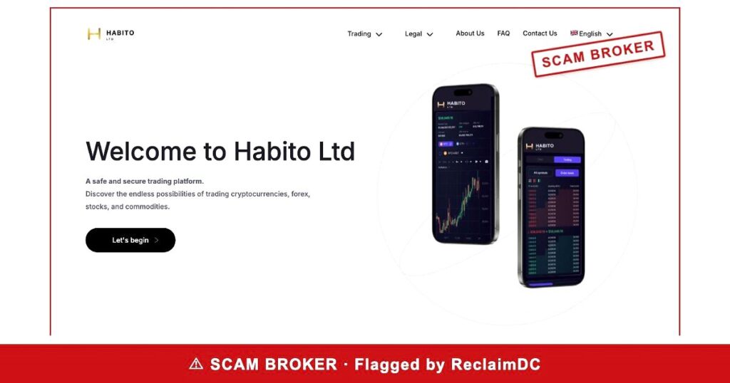 Habitoltd homepage stamped SCAM BROKER — flagged by ReclaimDC
