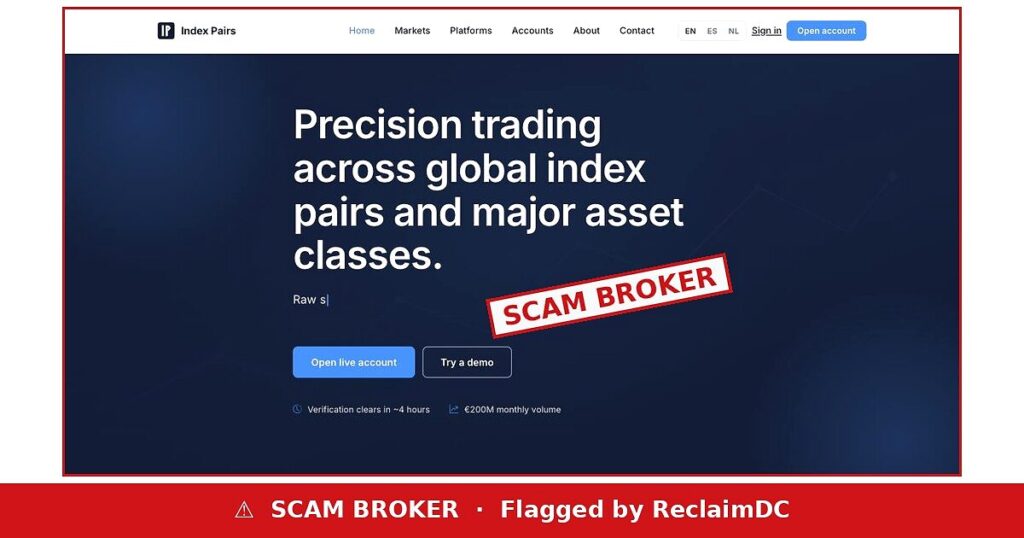 Index Pairs landing page stamped SCAM BROKER, flagged by ReclaimDC