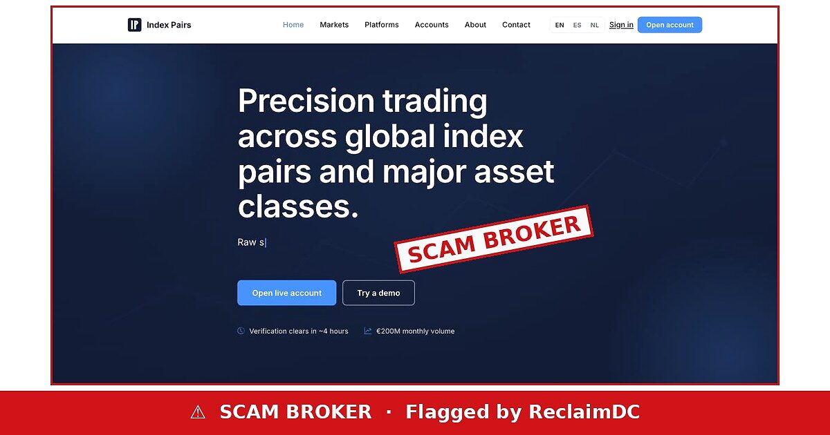 Index Pairs landing page stamped SCAM BROKER, flagged by ReclaimDC