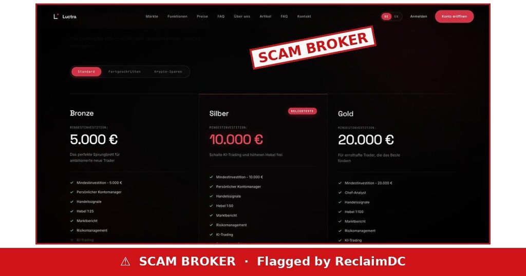 Luctra flagged as a scam broker by ReclaimDC