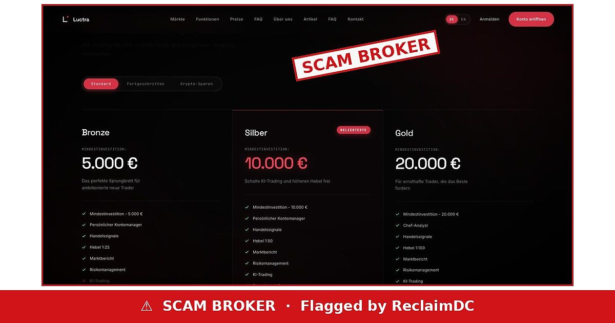 Luctra flagged as a scam broker by ReclaimDC