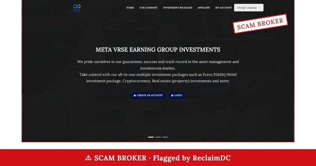 Meta-Vrse homepage stamped SCAM BROKER — flagged by ReclaimDC