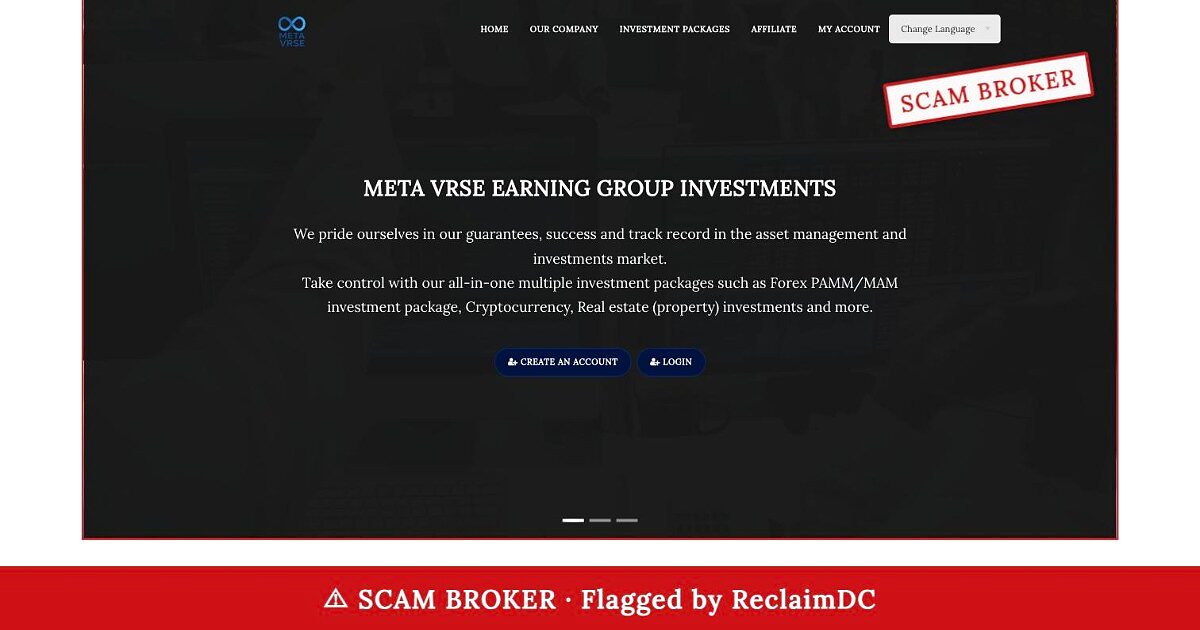 Meta-Vrse homepage stamped SCAM BROKER — flagged by ReclaimDC