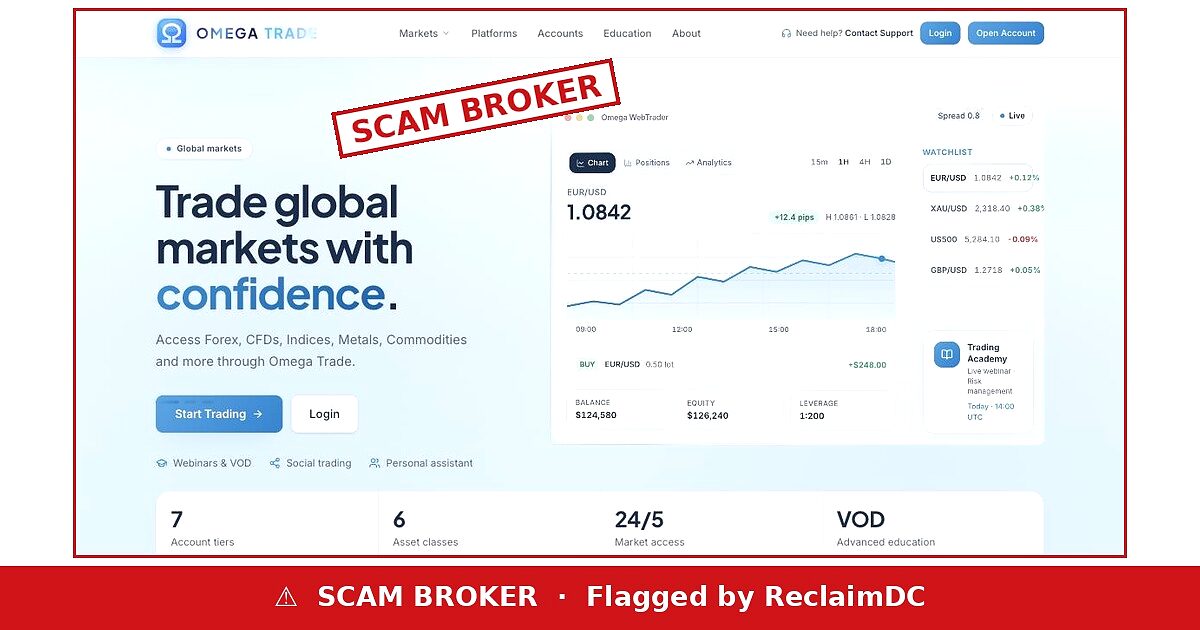Omega Trade landing page stamped SCAM BROKER, flagged by ReclaimDC