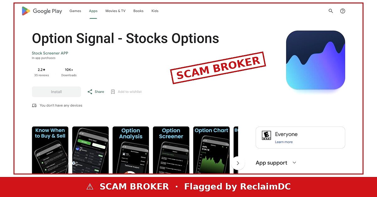 Option Signal - Stocks Options Google Play listing flagged by ReclaimDC