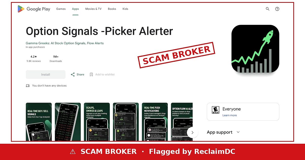 Option Signals - Picker Alerter Google Play listing flagged by ReclaimDC