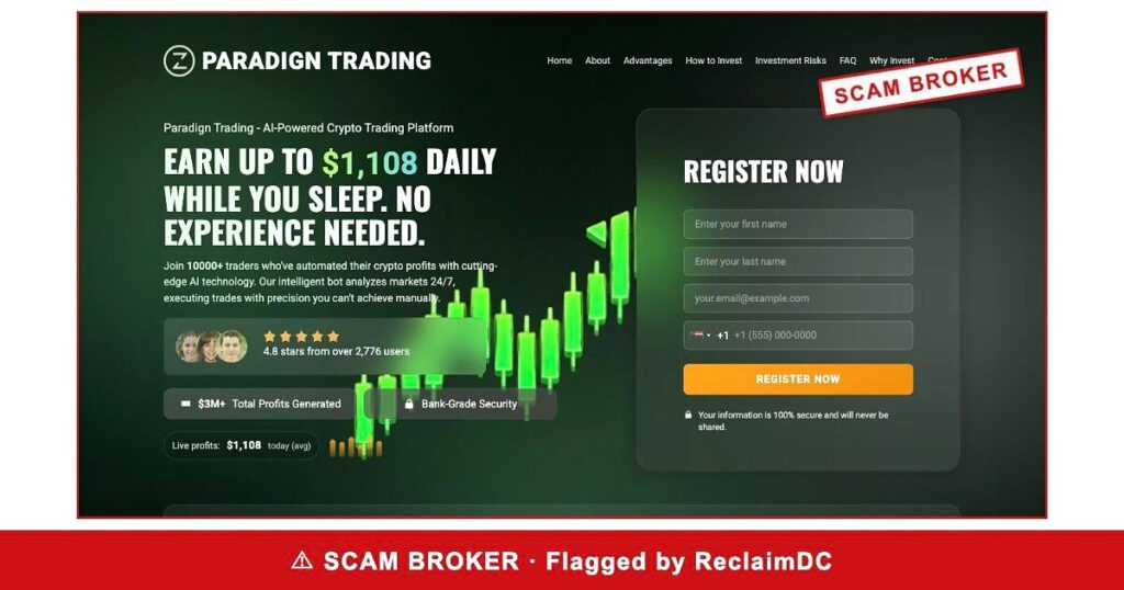 Paradign Trading homepage stamped SCAM BROKER — flagged by ReclaimDC